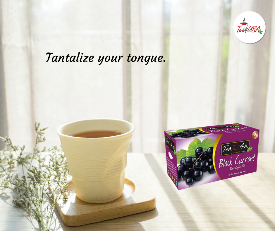 TEA4U Black Currant Black Tea. 25 Teabags in individual foil envelopes.