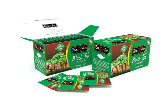 Tea4U Organic Black Tea, 25 teabags in foil envelopes.