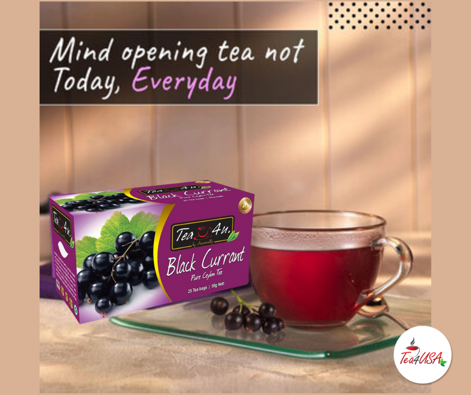 TEA4U Black Currant Black Tea. 25 Teabags in individual foil envelopes.