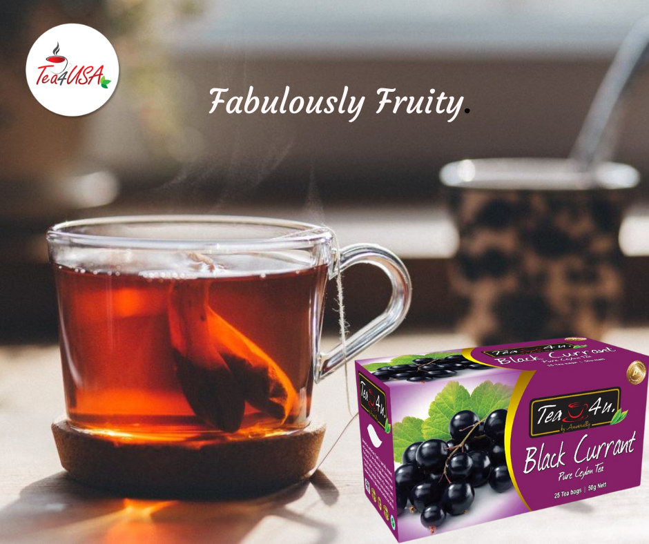 TEA4U Black Currant Black Tea. 25 Teabags in individual foil envelopes.
