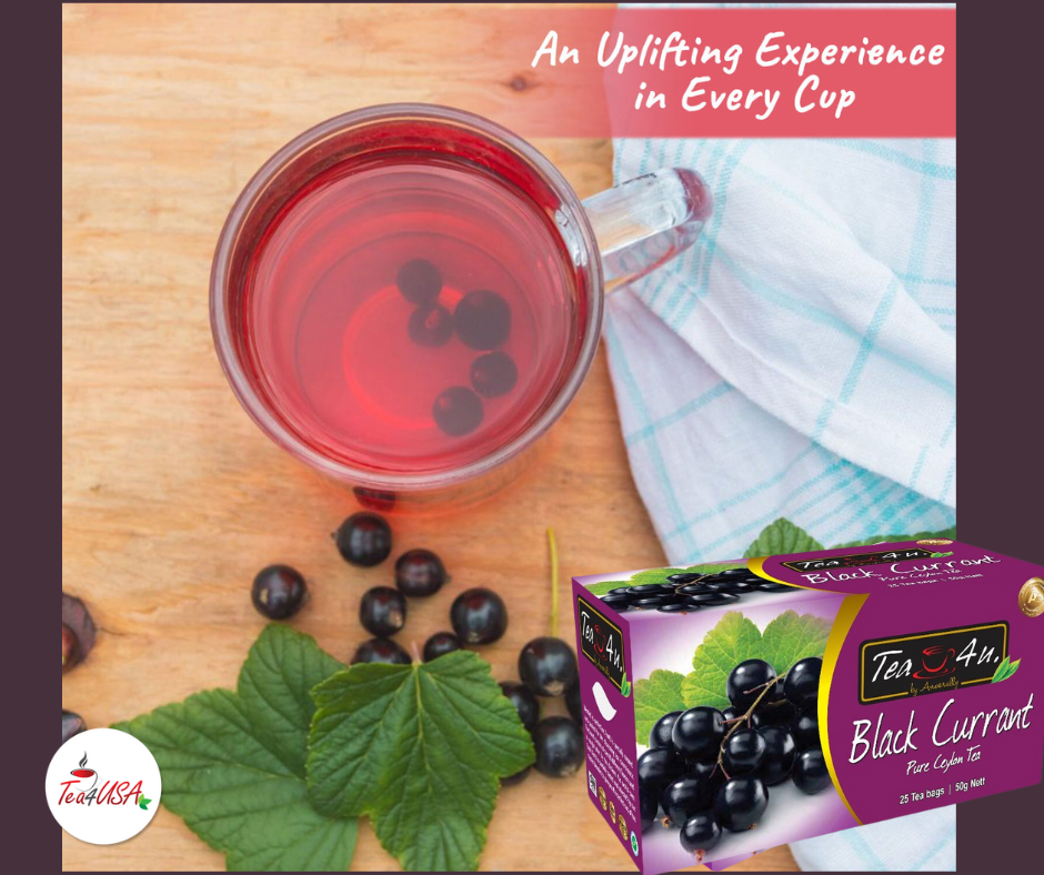 TEA4U Black Currant Black Tea. 25 Teabags in individual foil envelopes.