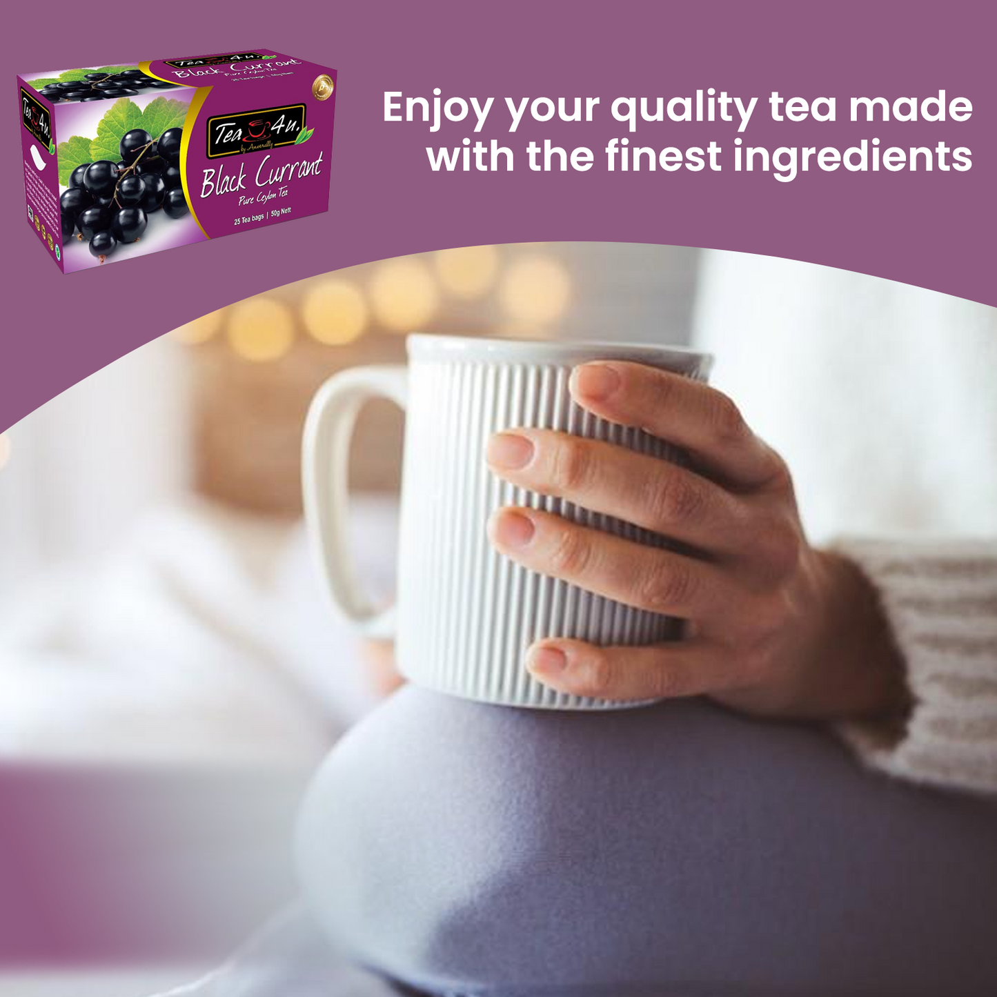 TEA4U Black Currant Black Tea. 25 Teabags in individual foil envelopes.