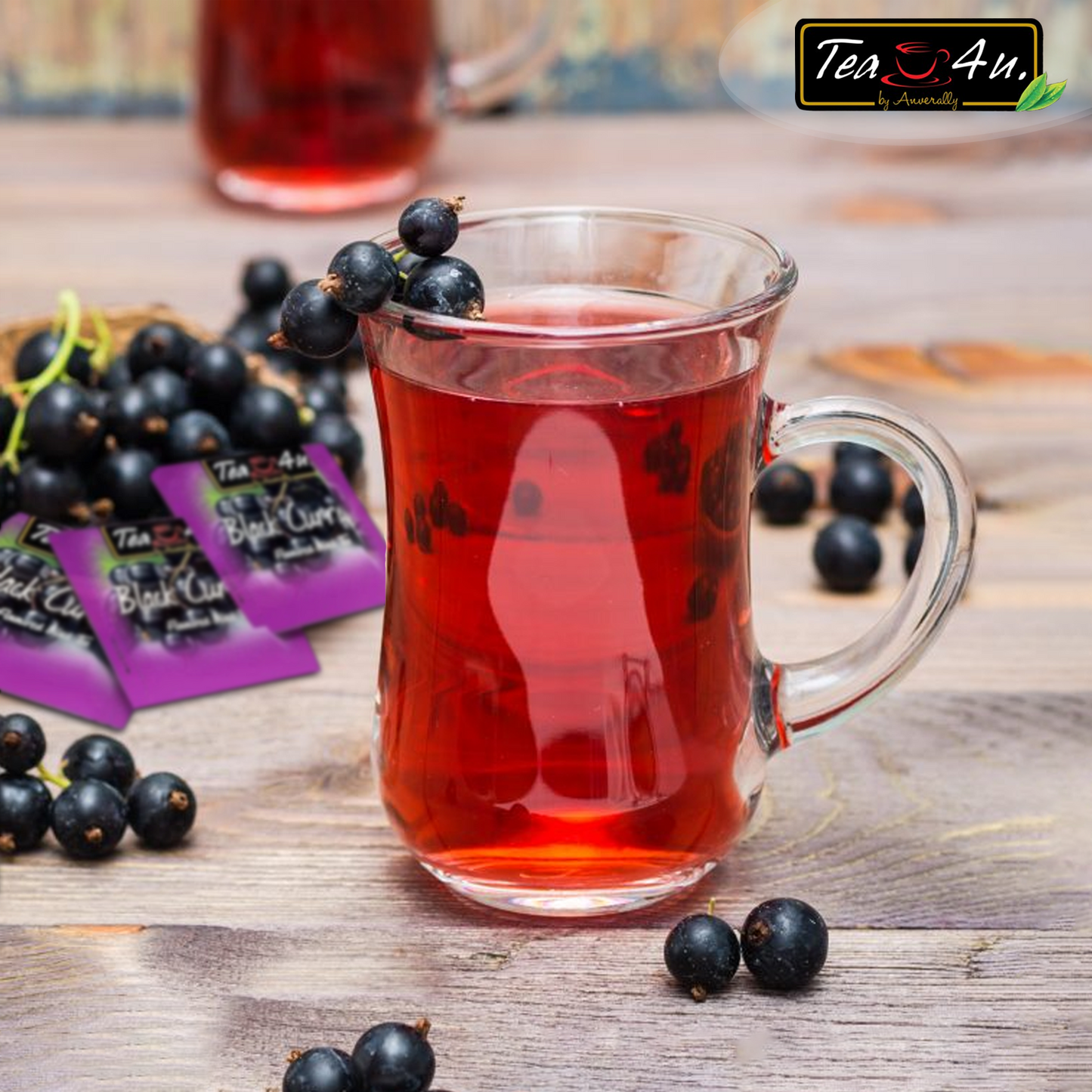 TEA4U Black Currant Black Tea. 25 Teabags in individual foil envelopes.