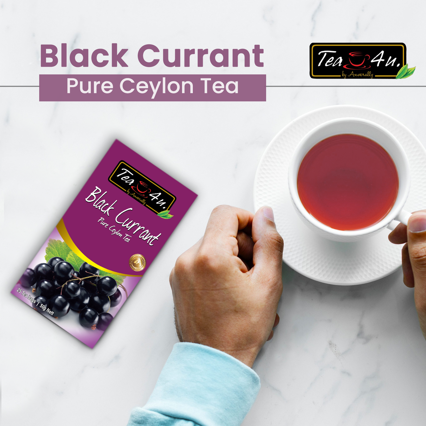 TEA4U Black Currant Black Tea. 25 Teabags in individual foil envelopes.