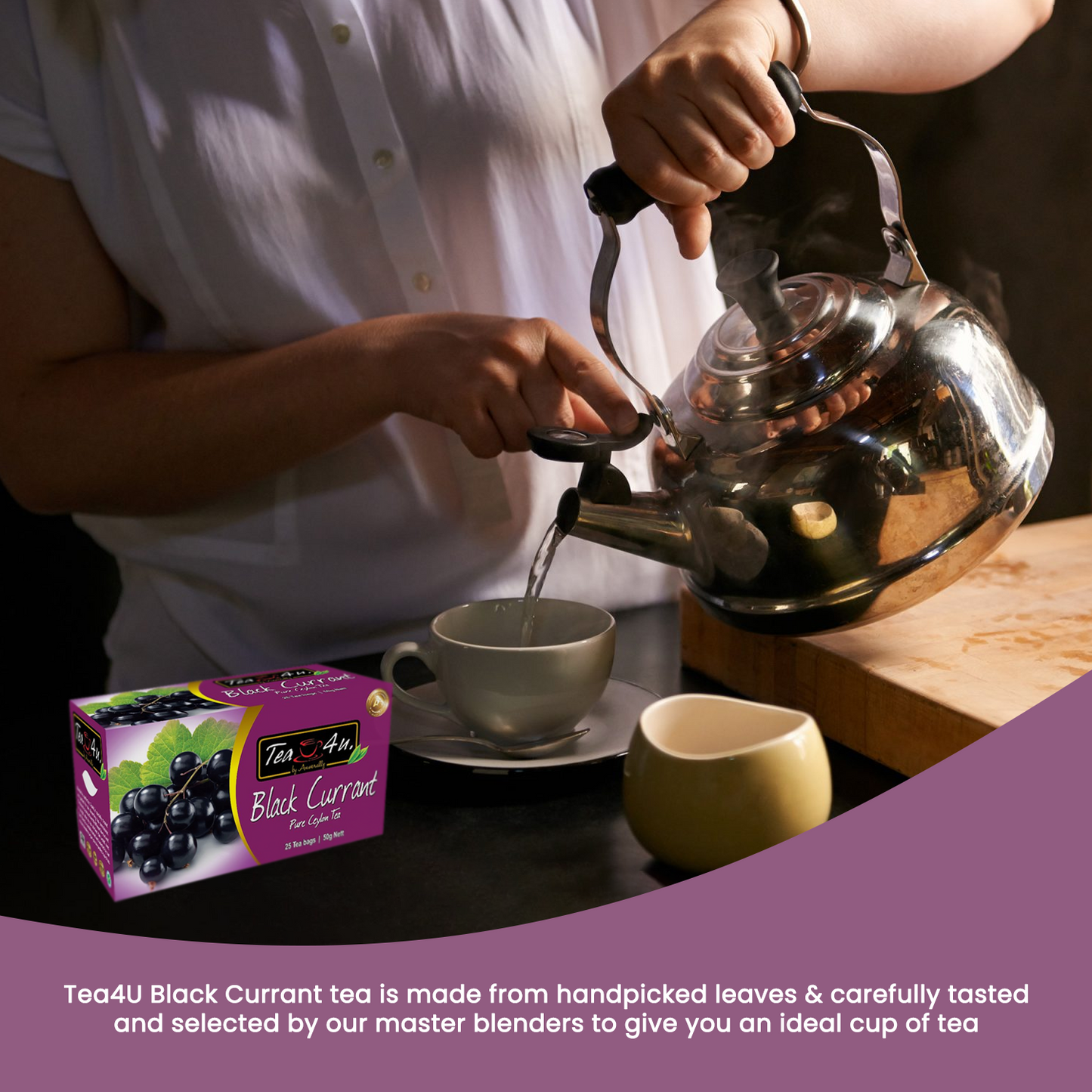 TEA4U Black Currant Black Tea. 25 Teabags in individual foil envelopes.
