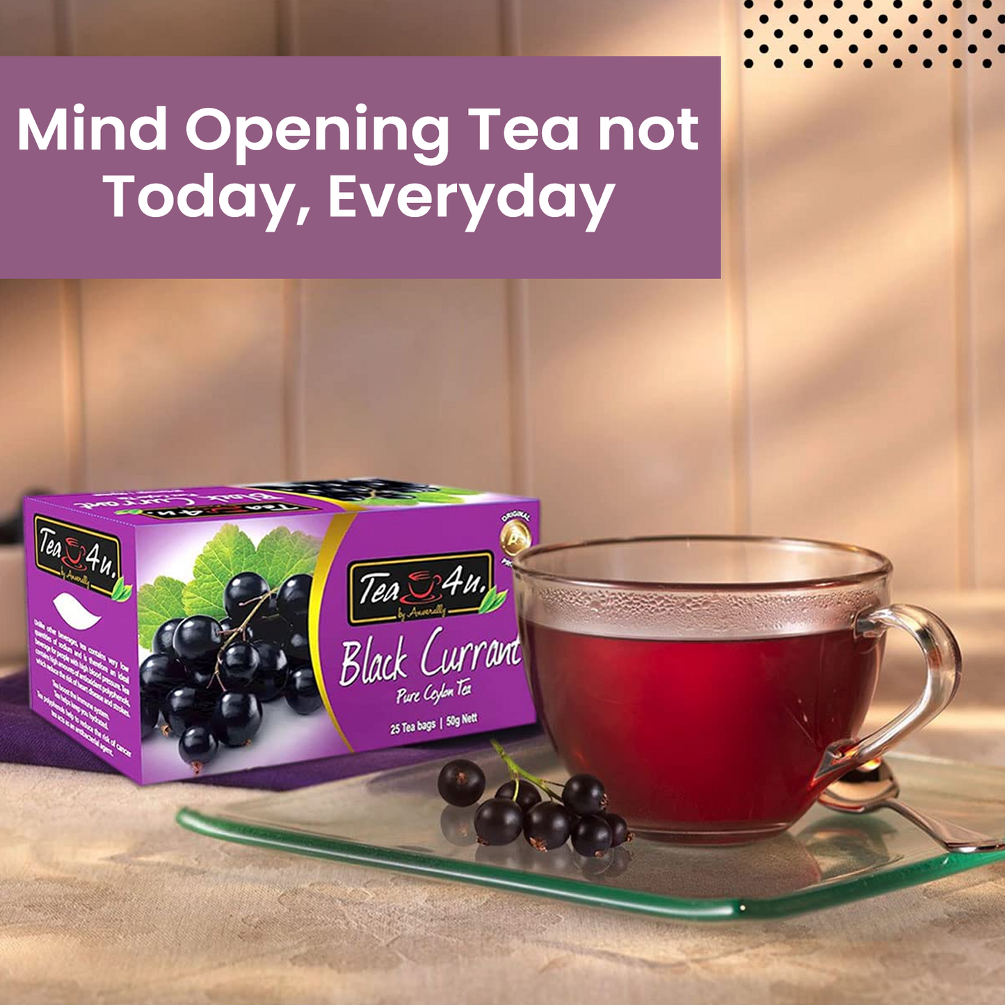 TEA4U Black Currant Black Tea. 25 Teabags in individual foil envelopes.