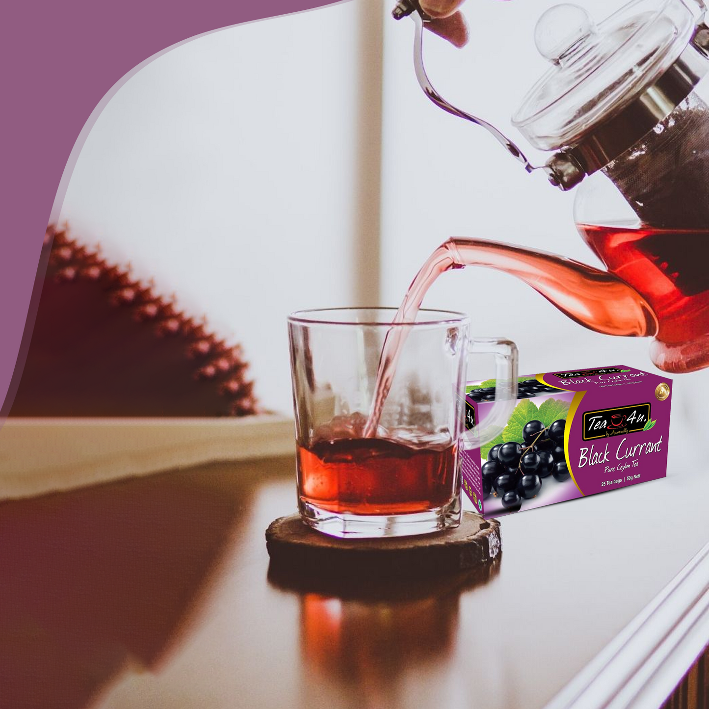 TEA4U Black Currant Black Tea. 25 Teabags in individual foil envelopes.