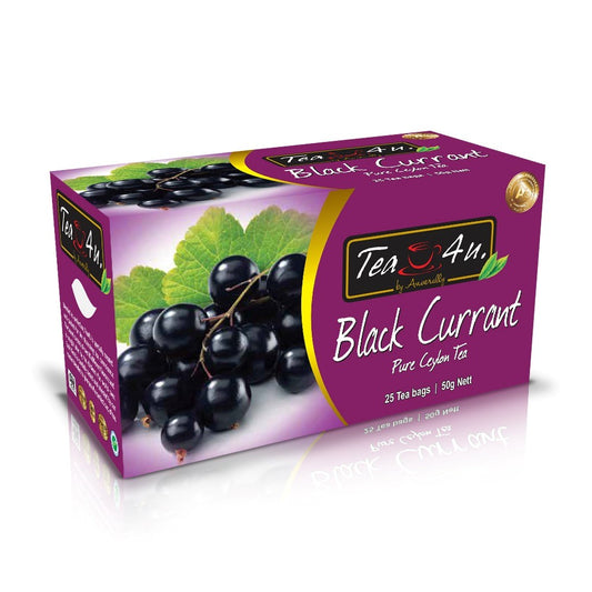 TEA4U Black Currant Black Tea. 25 Teabags in individual foil envelopes.