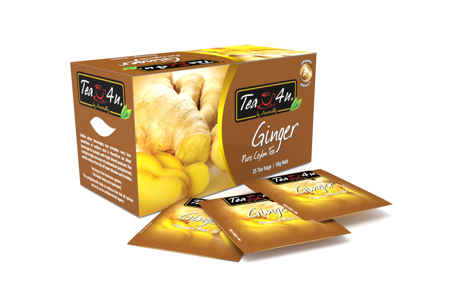 Tea4U Ginger Black Tea Bags - Original Ceylon Tea, 25 Tea Bags