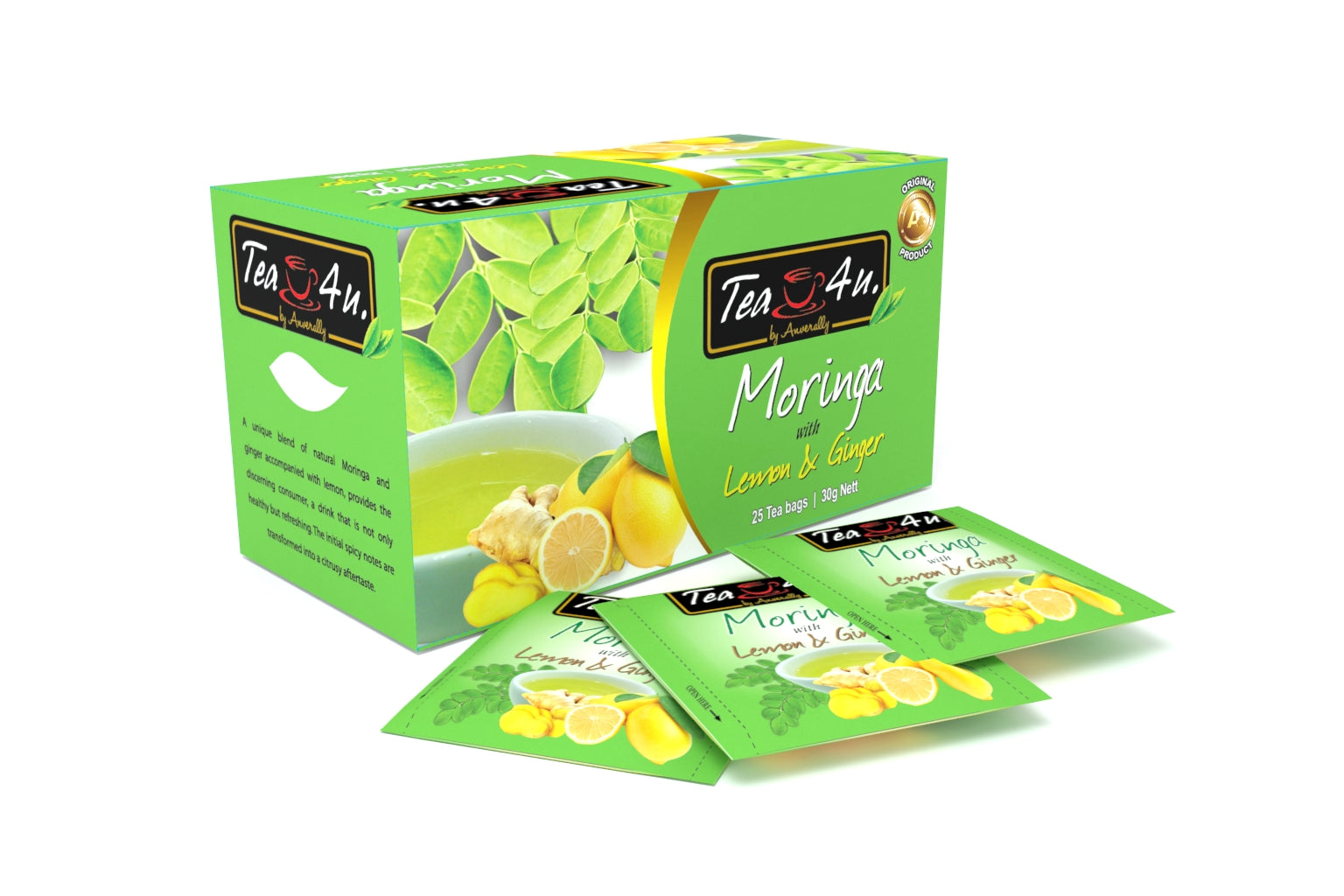 Moringa Lemon & Ginger Flavored Herbal 25 bags Tea4U Antioxidant Rich