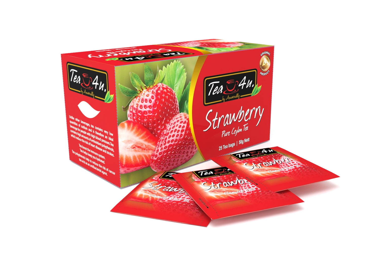 Tea4U Strawberry Black Tea Bags - Original Ceylon Tea 25 Tea Bags