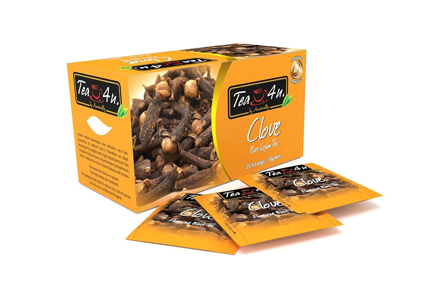 Box of Tea4U Clove Flavored Black Tea with 25 individual foil envelopes