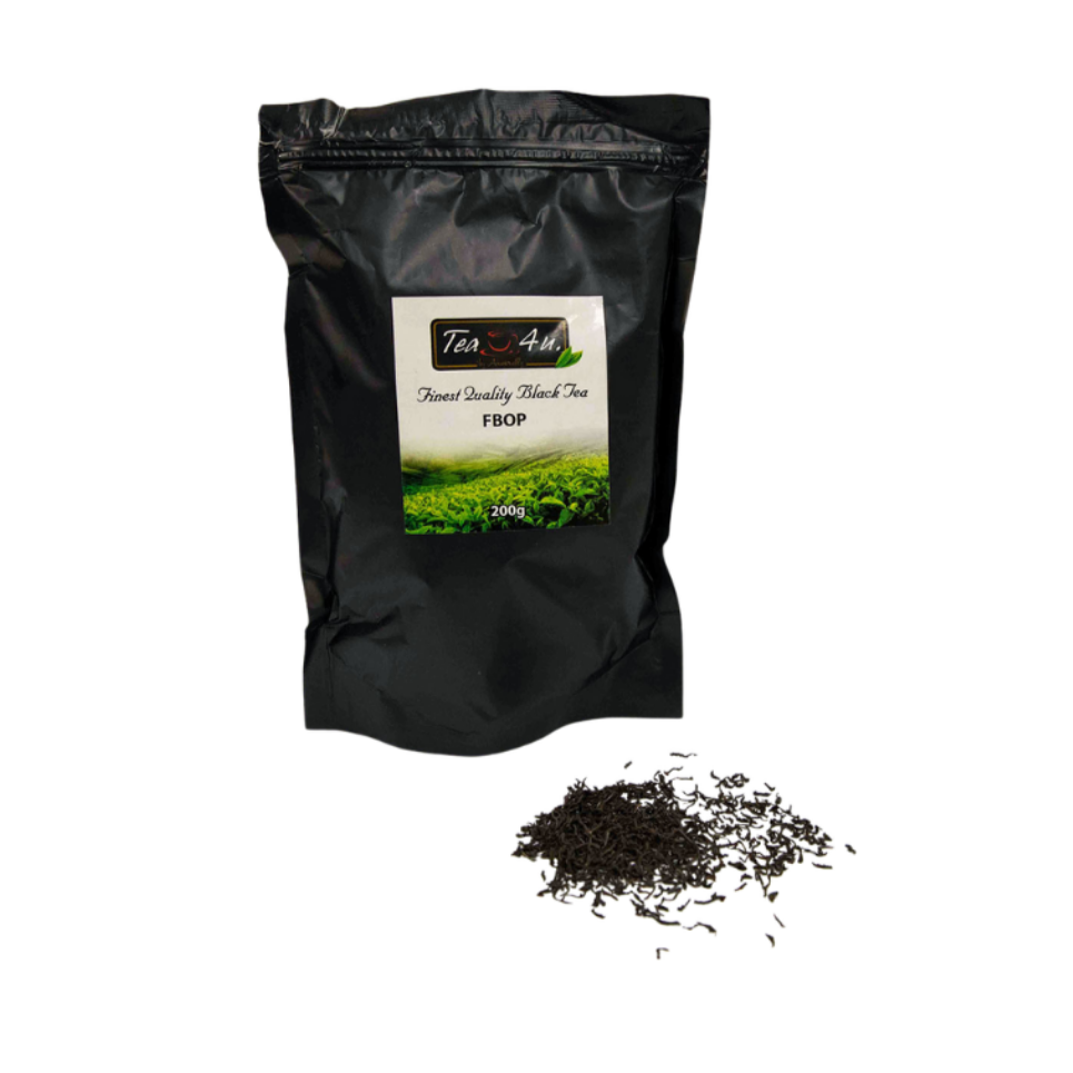 Bag of FBOP Loose Black 7 oz Ceylon Tea with a small amount of loose leaves