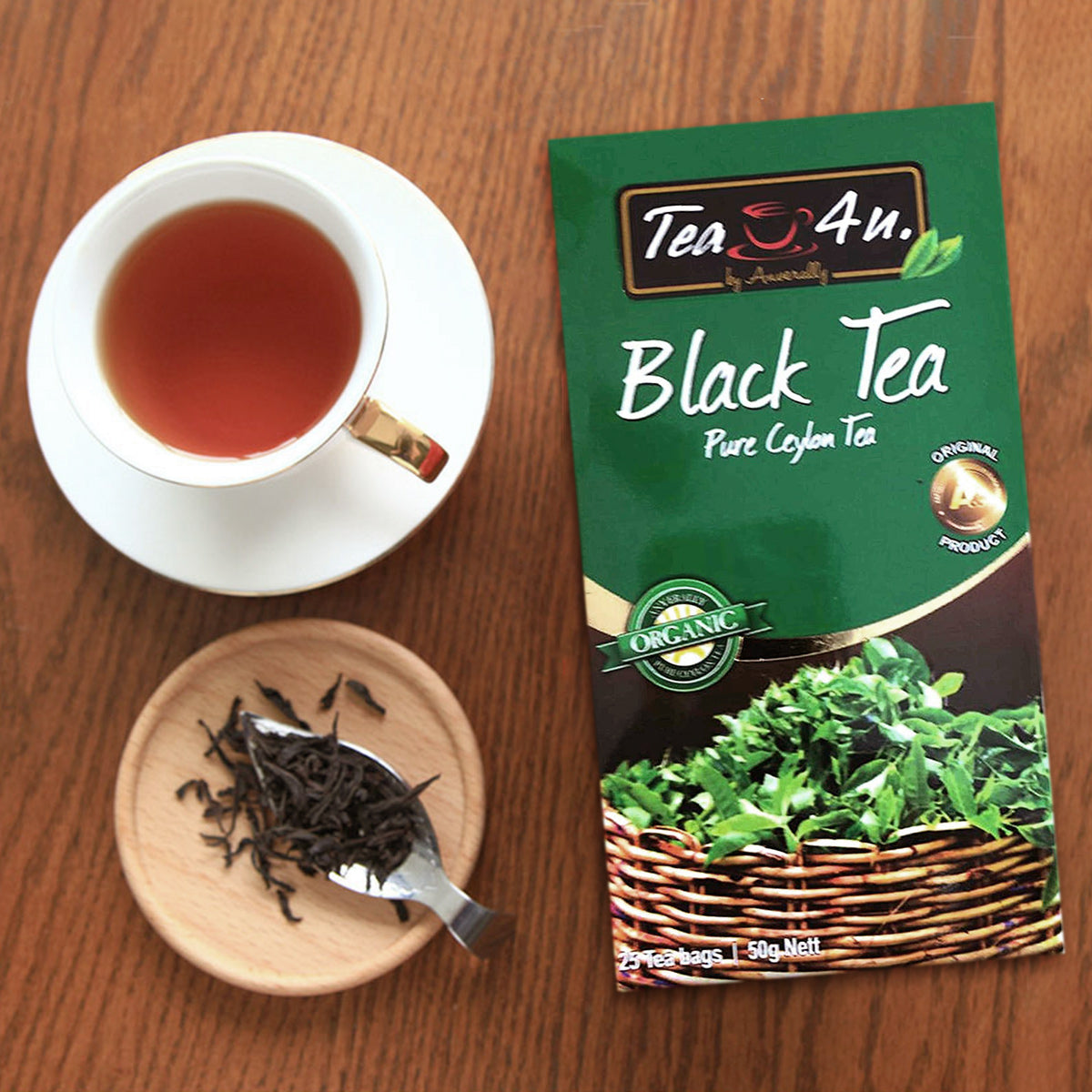 Tea4U Organic Black Tea, 25 teabags in foil envelopes.