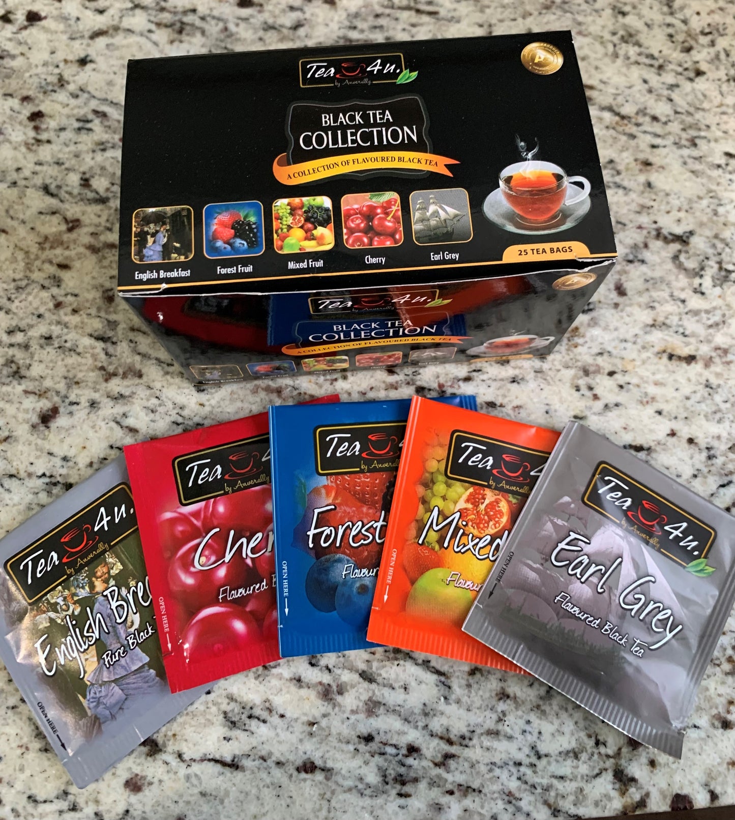 Tea4U Black Tea Collection. 25 Teabags in foil envelopes.