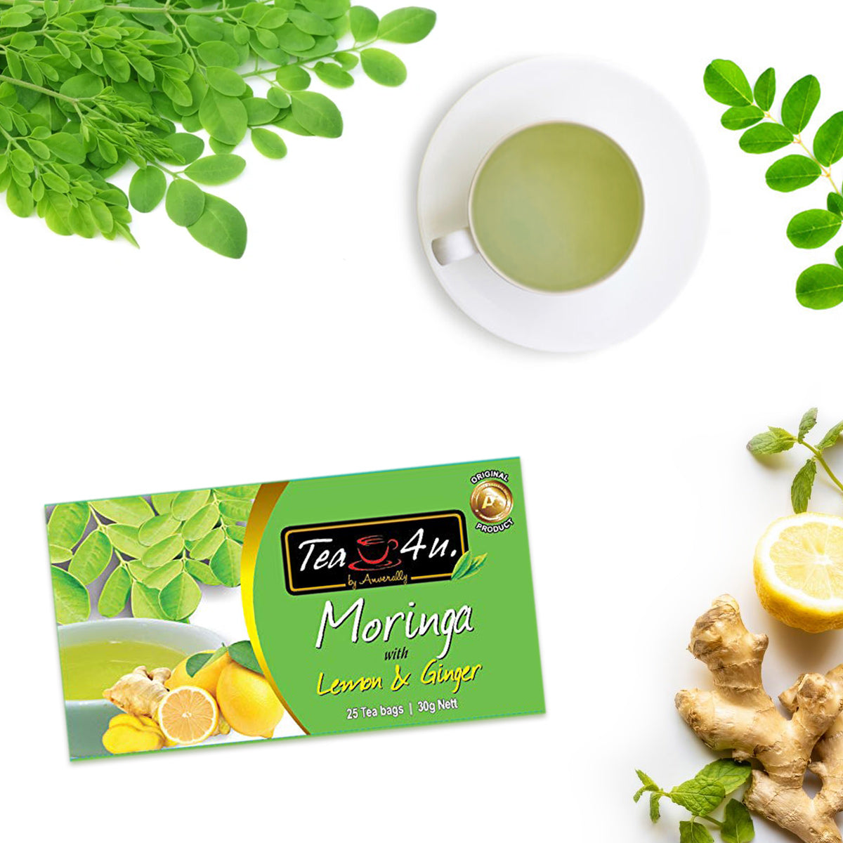 Moringa Lemon & Ginger Flavored Herbal 25 bags Tea4U Antioxidant Rich