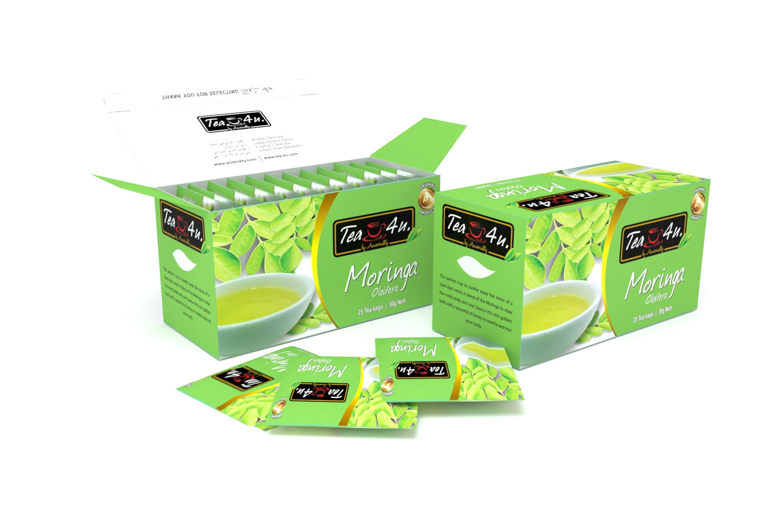 Tea4U Moringa Oleifera Energy Tea packaging with a green tea bag